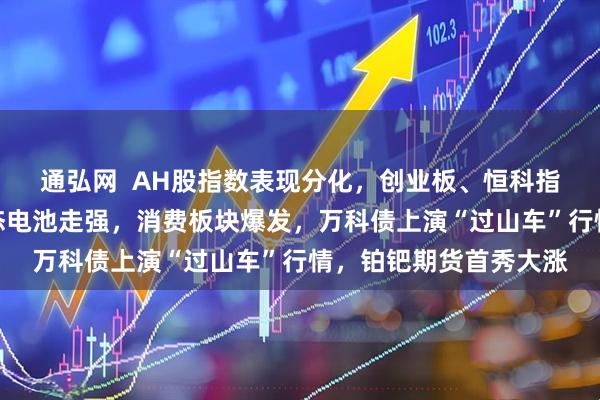 通弘网  AH股指数表现分化，创业板、恒科指冲高回落，锂电、固态电池走强，消费板块爆发，万科债上演“过山车”行情，铂钯期货首秀大涨